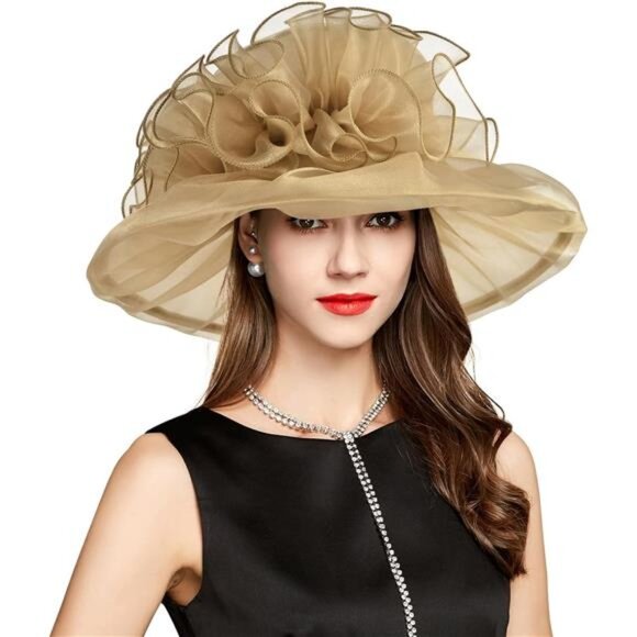 Derby Hats for Women, Classy Organza Sun Hat, Khaki - Picture 1 of 6